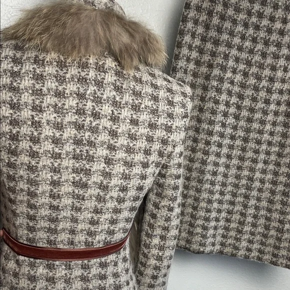 ST. JOHN fox fur Houndstooth knit wool Skirt suit set jacket silk lined - Picture 7 of 17